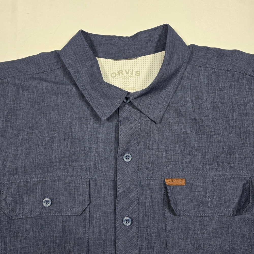 Orvis Fishing Mens XL Short Sleeve Button Down Shirt Blue Heathered Utility